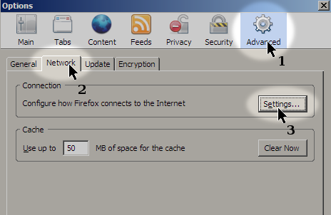 Advanced->Network tab of Firefox options dialog