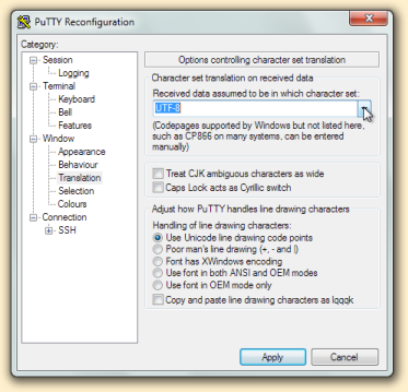 PuTTY configuration dialogue box